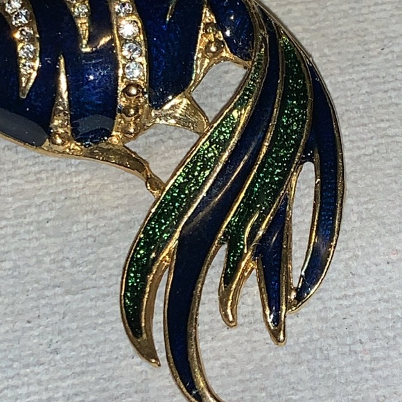 Elegant Vintage Blue & Green ENAMEL and Clear Rhinestones BROOCH Pin - Picture 10 of 10